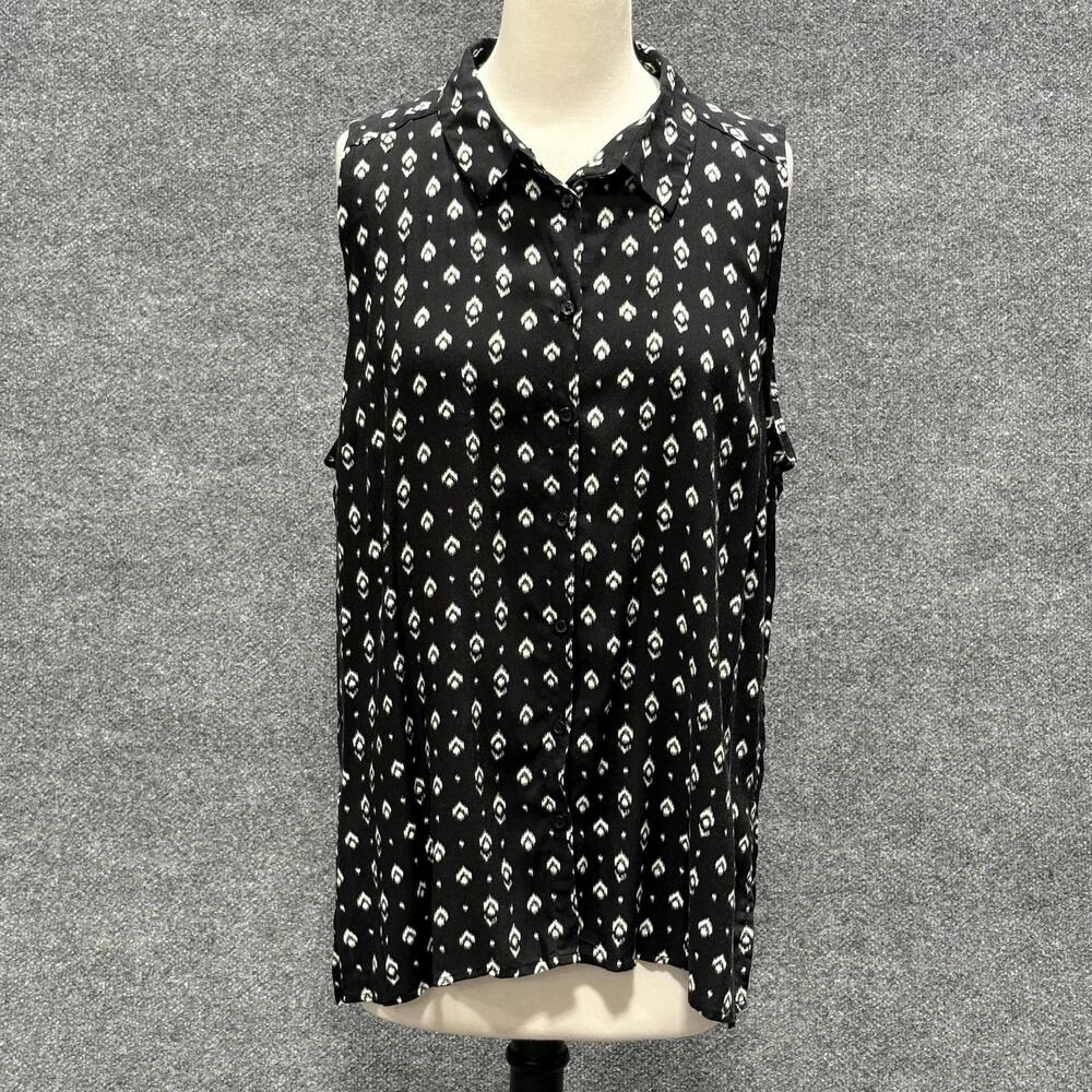 Simply Styled Blouse Womens XL Black Geometric Sleeveless Button Tunic Top
